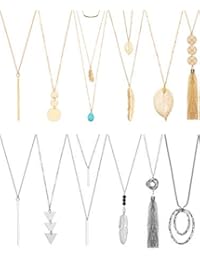 12 Pieces Long Pendant Necklace Set Y Tassel Leaf Circle Bar Necklace for Women