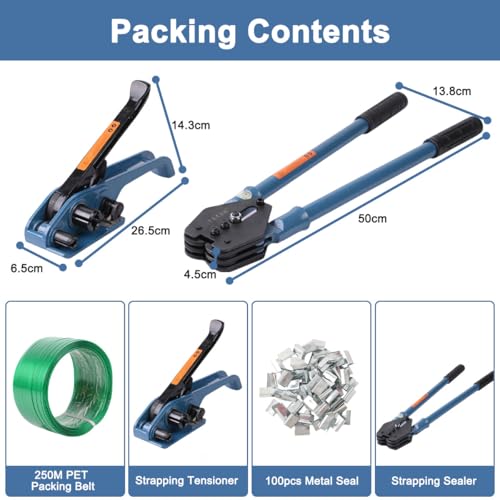 Strapping Tool Kit 4-in-1 PET/PP Handy Baler Packing Strap Tensioner, Heavy Duty Manual Pallet Packaging Strapping Banding Cutter with Tensioner Sealer, 250M Belt, 100 Metal Seals for Hose Clamp Cable