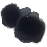 AuapTavw Women's Faux Fur Slides Slippers Fluffy Fuzzy Sandals Open Toe Furry Slide Flip Flop Indoor Outdoor