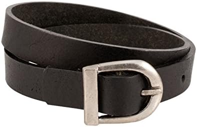 Black Smooth Napoli Leather Double Belt Buckle Wrap Bracelet, 17 inches