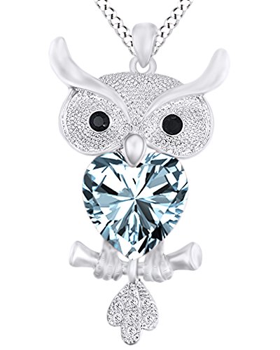 Heart Shape Aquamarine With Round Cut White & Black CZ Owl Pendant Necklace in 14k White Gold Over Sterling Silver