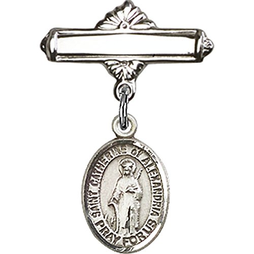 Sterling Silver Baby Badge with St. Catherine of Alexandria Charm and Polished Badge Pin 1 X 5/8 inches