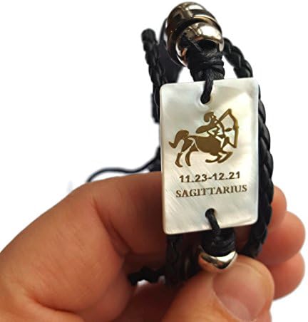 Zodiac White Pearl Shell Adjustable 3 strand Leather Bracelet with Metal Zodiac Sign Logo Charm Unisex (Sagittarius)