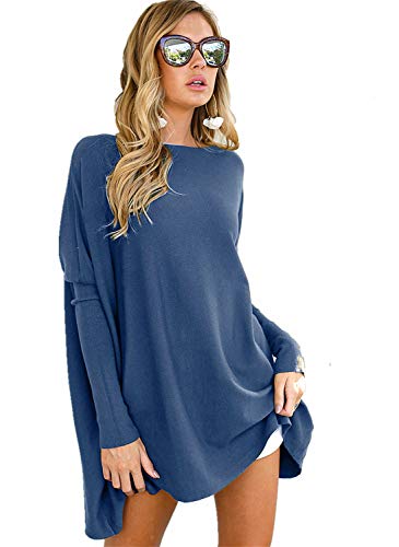 LIYOHON Women's Tunic Tops for Leggings Casual Oversized Shirts Batwing Long Sleeve Loose Fitting Pullover Tops Tunics 1-Sapphire M