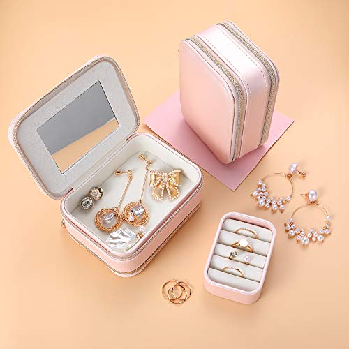 Travel Jewelry Box Mini Organizer Portable Jewelry Case Double Layer with Mirror Small Jewelry Organizers for Earring Necklace Bracelet Rings, Gifts for Girls Women, 1-Pack