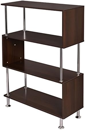 Modern Bookshelf Espresso Brown Wood - Tiered Zig Zag Design Storage Unit Bundle w Floor Protector Pads