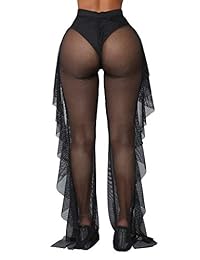 Doqcey Pantalones de cubierta de traje de baño para dama con volantes de malla transparente, para bikini