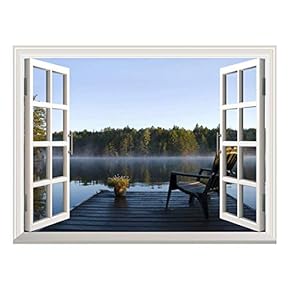 Removable Wall Sticker/Wall Mural - Peaceful Lake View with a Chair on a Wooden Pier | Creative Window View Wall Decor - 24"x32"