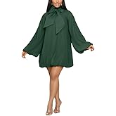 Yanfoam Women's Puff Long Sleeve Sweetheart Round Neck Dress Flowy Loose Chiffon for Cocktail Party Mini Dress