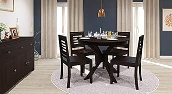 Krishna Wood Decor 4 Seater Wooden Round Dinning Table Set, Solid Seesham Wood, Dimensions: Table Size - Table Size - 43.5x43.5x30.0 Inch, Chair - 17.5x16.5x35.4 Inch, (Brown/wallnut)