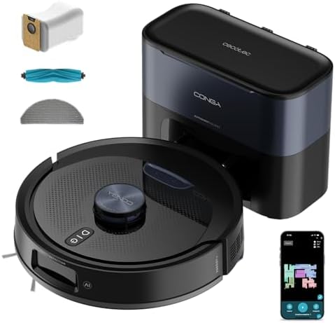 Robot Aspirapolvere e Lavapavimenti Base Autosvuotamento Conga Y90 Dark. Navigazione Laser, 25000Pa, Auton. 240min, Spazzola Silicone Pet, Sacco 3L, Bluetooth WiFi, App, Pulizia Senza Pensieri
