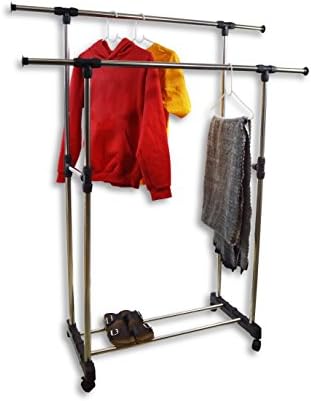 SimpleLife Clothes Rack with Double Rails - Durable Hanging Stand with Wheels &amp; Adjustable Rolling Telescopic - Best Shelf for Clothing &amp; Garments at Home, Boutique and Office 