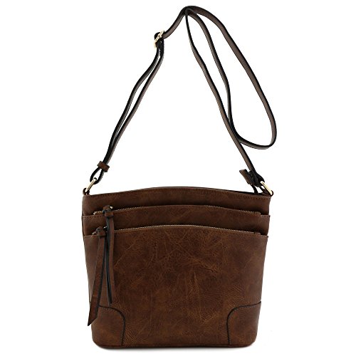 Dark Brown Crossbody Bag. Triple Zip Pocket Medium Crossbody Bag (Coffee).