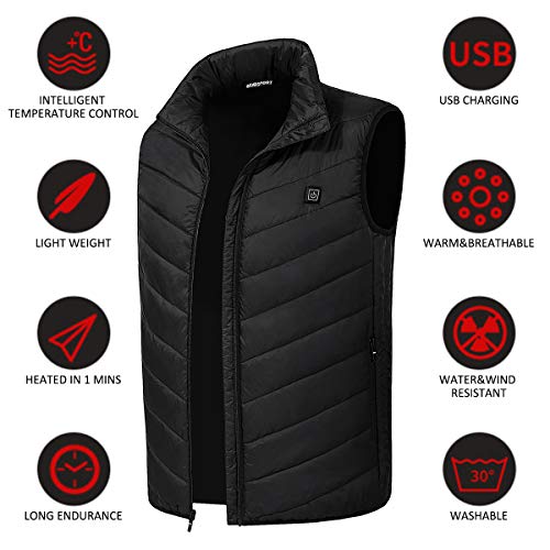 Venustas Heated Vest for Men and Woemn, Heated Coat Lightweight and Water&Wind Resistant(Unisex) Black