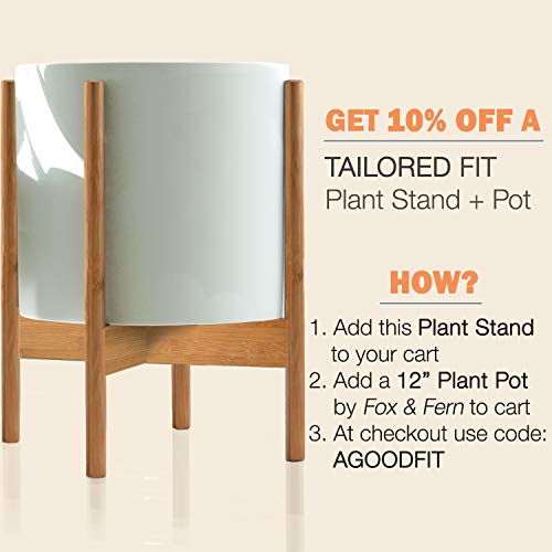 Fox & Fern Mid-Century Modern Plant Stand - Bamboo - EXCLUDING 12" White Ceramic Plant Pot