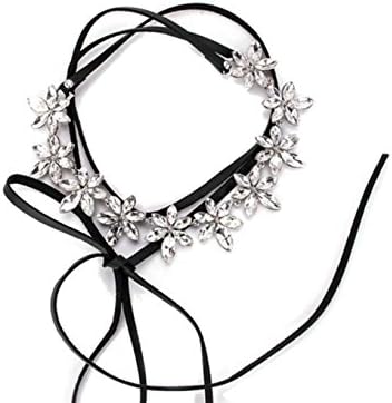 VNAS Crystal Flower Rhinestone Choker Long PU Tie Necklace Girls Women (Silver)