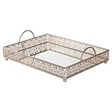 Giovanni Champagne Mirror Top Serving Tray, Rectangular Metal Ornate Accent Vanity Food Decorative Display Platter