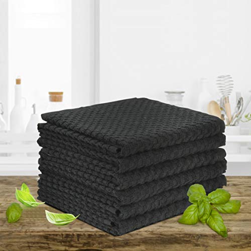 Talvania Kitchen Towels 100% Cotton Dobby Weave Terry Towel Set Soft and Absorbent Multipurpose Dish Cloth, Hand Towel and All Kitchen Cleaning 15" X 25" Set of 6 Machine Washable (Black)