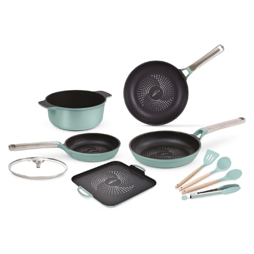 JadeCook Batería de Cocina 10 Piezas Jade ProSeries Antiadherente con Recubrimiento Dupont 4 Capas, Base de Inducción, Certificación Europea EN601, Mangos de Acero Inoxidable y Accesorios Incluidos.