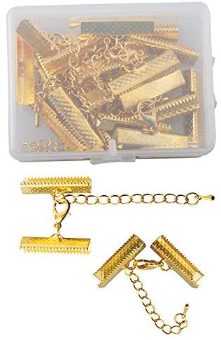 Photo 1 of MAHAVIMOKSA 1Box Ribbon End Clamp Crimps with Lobster Clasp and Extension Chain with Container for DIY Craft Jewelry Making (16mm, Gold)
