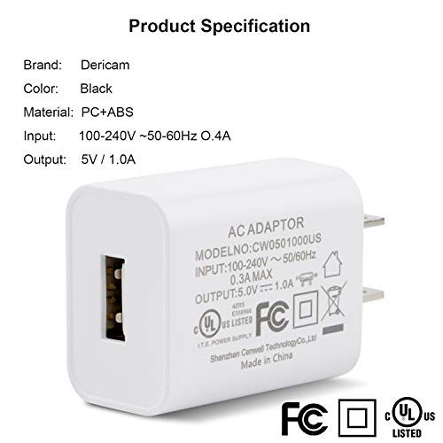 Dericam 5V 1A Micro USB Wall Charger, 5 Volt 1000mA AC to DC Power Adapter for Home Security Camera, 5ft/1.5 Meter Power Cord,US Plug (5V 1A USB Charger-White)