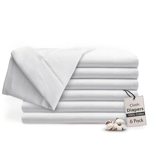 RUVANTI Unisex Birdseye Flat-Fold Cloth Diapers for Babies 6 Pack, 100% Cotton Reusable Diaper Inserts 23x23 Inches, White