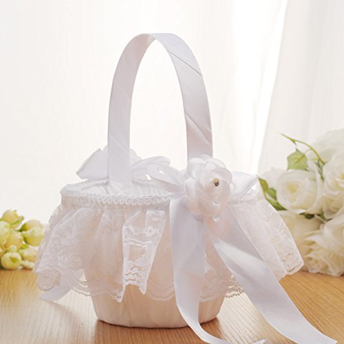 Biback Wedding Flower Girl Basket Rosette Lace Bowknot Rhinstone Satin Wedding Petal Baskets with Ribbon