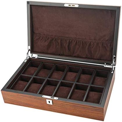 Wood Watch Box Glass Lid 12 Watch Jewellery Display Storage Box Bracelet Tray with 12 Brown/Beige Removal Storage Pillows and Lockable Metal Clasp