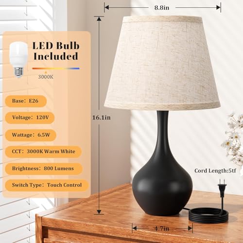 Touch Bedside Lamp for Bedroom, 3-Way Dimmable Farmhouse Table Light with Fabric Shade, Nightstand Light for Kids Room Reading, Home Office