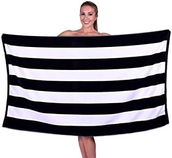 Beach Towel, Pool, Oversized 100% Turkish Cotton, XL Extra Large Cabana Stripe Beach Towels, Soft and Absorbent, Velour Top Round Circle Loop Terry Cloth by Puffy Cotton ( Dark Knight Black ) Set of 1