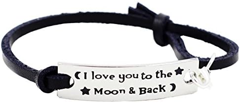 I Love You To The Moon And Back Novelty Silver Stamped Lover Motivation Inspirational Bracelet Gifts For Women Girlfriends Girls Ladies (Black Strap)