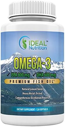 Omega-3, 1500mg fish oil, 120 count, 800mg EPA, 600mg DHA, Lemon Flavor, 60 servings, Ideal Nutrition, 2 month supply, great value, best quality, for humans, dogs, cats, pets, men, women, children