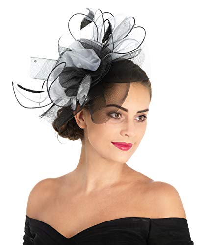 Women's Organza Church Kentucky Derby British Fascinator Bridal Tea Party Wedding Hat Summer Ruffles Cap Detachable as Fascinator(F1-White Black Flower)