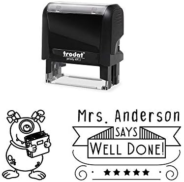 Personalized Classroom Teacher Rubber Stamp, Self-Inking Well Done Student Stamper with Monster with Book Image. Variety of Designs, 5 Ink Colors, 3 Lines, All Wording can be Changed!
