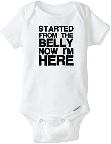 BLAKENREAG Started From The Belly Now I'm Here Funny Baby Onesie Baby Boy Girl Clothes Bodysuit (24 Months)