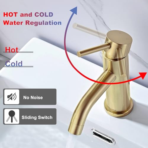 DETBOM Gold Basin Mixer Tap, Adjustable Hot and Cold Washbasin Tap, Stainless Steel, Removable Aerator, Lead Free, Brushed Gold