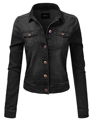 DRESSIS Womens Vintage Button Down Denim Jacket Black L - Thumbnail 4