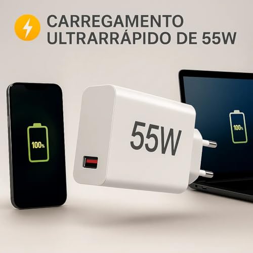 Carregador Turbo 55w USB-C com Cabo Tipo C 1 Metro, Fonte Bivolt 110v/220v, Carregamento Rápido Fast Charge, Compatível com Celular Android, iPhone, Tablet e Notebook
