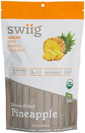 swiig Organic Freeze-Dried Pineapple, Raw, Vegan, No Added Sugar or Oils, No Gluten, No GMO Ingredients, 4 Ounce Bag