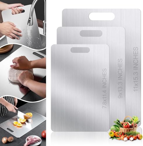 Kit 3 Tabua de Corte Inox, Tábua de Corte de Aço Inoxidável para Cozinha, Tabua de Carne Inox Dupla Face, Adequada para Separar Carne e Vegetais, Utensílios de Cozinha Essenciais
