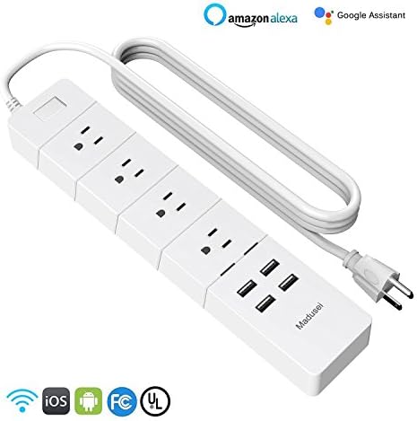 WiFi Smart Power Strip, Madusei Surge Protector with 4 Quick Charge USB Ports and 4 Individually Controlled Smart Plug, Phone Remote Control, Timing function, 6 Ft UL Cord Travel Charger (White)