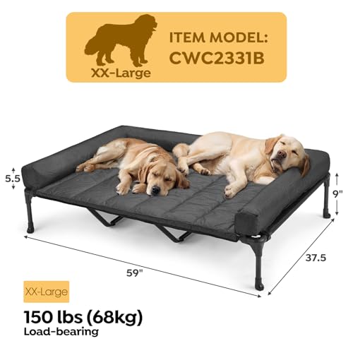 Veehoo Elevated Dog Bed, Lifted Dog Ded Add Waterproof Removable Pillow-Top Mat, Raised Pet Cot with Breathable Mesh, No-Slip Feet, Bolster Dog Cot Bed for Indoor & Outdoor, 150 x 95 cm, Black