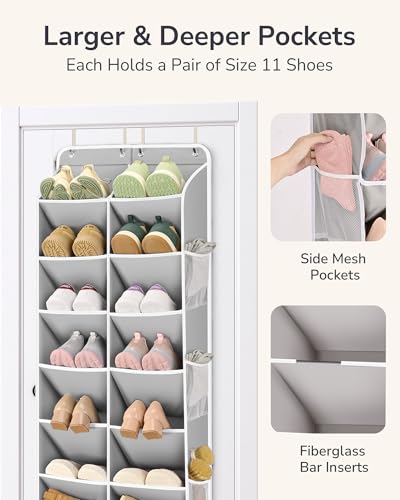 ULG Closet Shoe Organizer Fits 16-24 Pairs with Large Deep Pockets Narrow Shoe Rack Hanging Door Boot Rack Grey