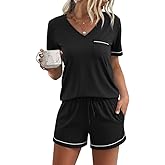 Litherday Womens Pajama Sets Short Sleeve Pajamas Soft Pjs Sleepwear V Neck Tops & Shorts with Pockets S-2XL