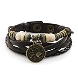 JewelrieShop Handmade Adjustable Unisex Genuine Real Leather Bracelet with Constellation Zodiac Sign Logo Charms Beads Button