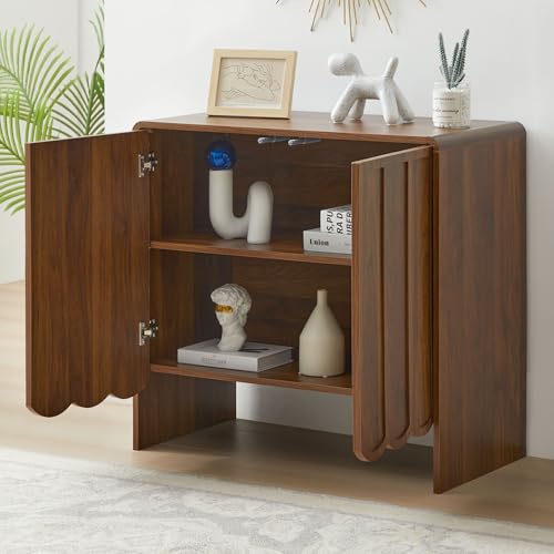 Sideboard Buffet Cabinet Set of 2, Accent Storage Cabinet with 2 Doors, Farmhouse Wood Cabinet with Adjustable Shelves and Wave Panel for Living Room, Dining Room, Entry - Walnut