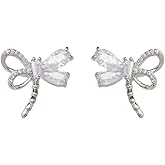 Shiny Cubic Zirconia Dragonfly Stud Earrings 925 Sterling Silver Post Crystal Rhinestone Bow Insects Animal Statement Studs Earrings for Women Dainty Ear Jewelry