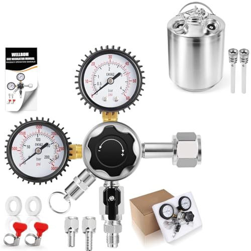 CO2 Regulator Beer Keg Regulator CGA-320 Kegerator Regulator with Precision Control and Safety Valve & 2.5 Gallon Stainless Beer Line Cleaning Keg(10L) with 2 D Spears for D Coupler Mount