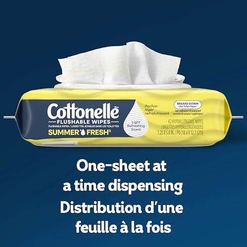 Cottonelle Summer Fresh Scented Flushable Wet Wipes, Biodegradable & Septic Safe, 4 Flip-Top Packs of 42, 168 Total Flushble Wipes | 4 Flip-Top Packs, Septic Safe, Light Floral Scent, Gentle, Alcohol-Free, Plant-Based