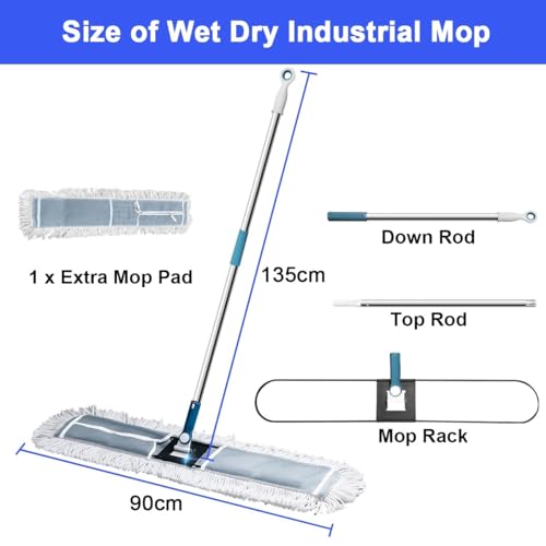 Industrial Flat Mop, 90cm Wide Flat Mop Large Commercial Thread Mops with 2 Washable Cotton Pads Stainless Steel Handle Wet Dry Dust Floor Cleaning Tool for Home Office Hotel Factory Floor Cleaner